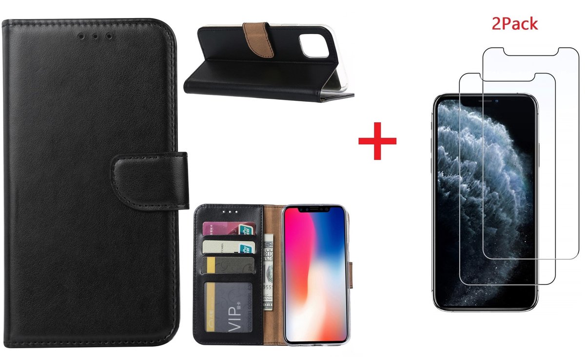 Hoesje Geschikt voor iPhone 11 Pro Portemonnee hoesje + 2X Screenprotector - Zwart