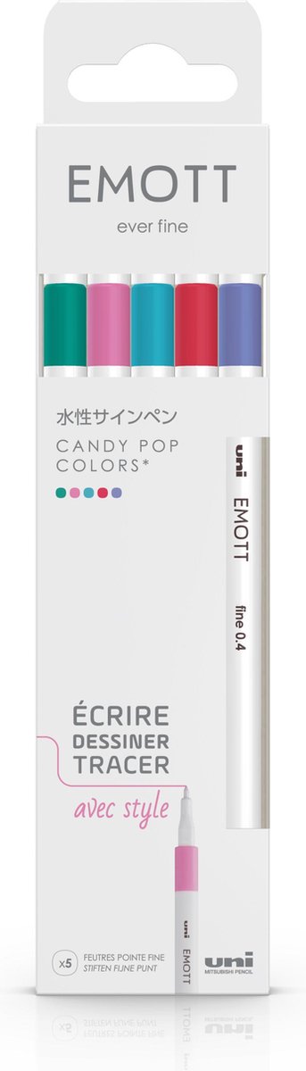 Uni Emott - Fineliner stiften - Candy Pop Kleuren - set van 5 kleuren