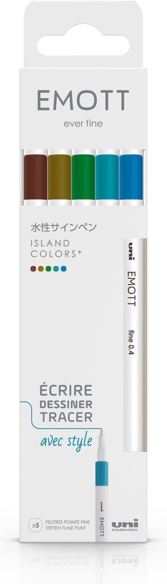 Uni Emott - Fineliner stiften - Eiland Kleuren - set van 5 kleuren