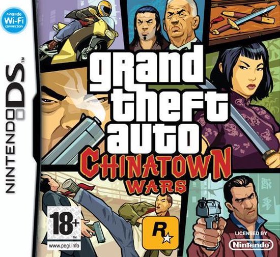 Couverture du jeu Grand Theft Auto: Chinatown Wars Nintendo DS avec 6 hommes, dont un tenant un pistolet et un autre qui donne un coup de pied.