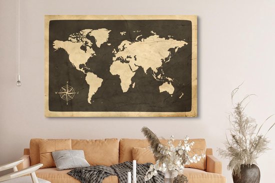 Peintures sur toile Wereldkaart - Rose des vents - Vintage - 150x100 cm - Décoration murale