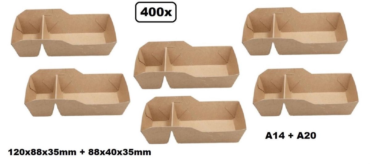 400x BIO Nature kraft frietbakje met sausvak bruin A14 - Friet patat frites saus friet bakje snack next generation carnaval festival thema feest composteerbare