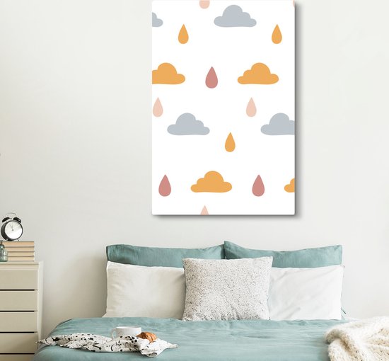 Illustration pour enfants de style bohème avec nuages et gouttes de pluie 120x180 cm - Tirage photo sur toile (Décoration murale salon / chambre) XXL / Groot format!