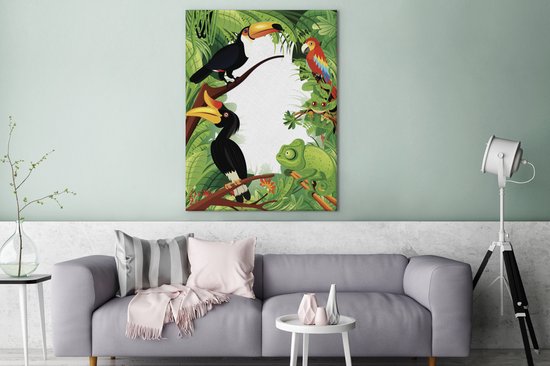 Une illustration vectorielle d'une forêt tropicale avec des toucans sur toile 120x160 cm - Tirage photo sur toile (Décoration murale salon / chambre) XXL / Grand format!