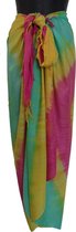 Hamamdoek, sarong, pareo, massagedoek, omslagdoek lengte 115 cm breedte 165 cm spatten motief kleuren geel groen roze oranje paars versierd met franjes.