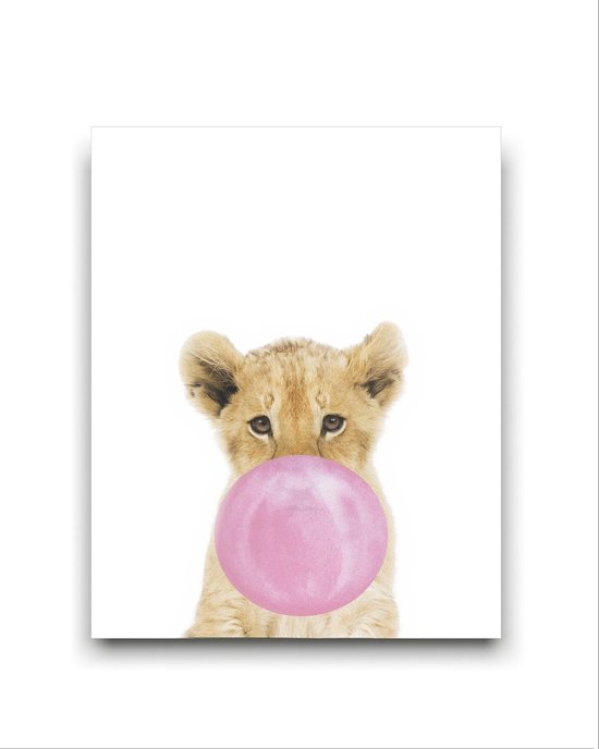 Schilderij  Leeuwtje met Roze Kauwgom - Kinderkamer - Dieren Schilderij - Babykamer / Kinder Schilderij - Babyshower Cadeau - Muurdecoratie - 40x30cm - FramedCity