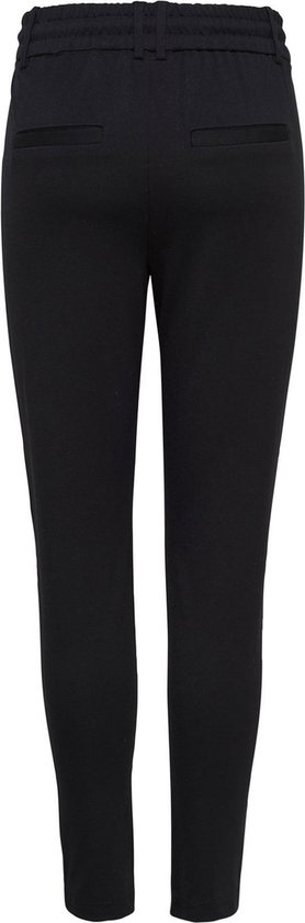 Zwarte broek met een elastische tailleband, twee achterzakken en een rechte pasvorm.
