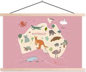 Posterhanger incl. Poster - Schoolplaat - Australië - Wereldkaart - Kinderen - Dieren - Meisjes - Meiden - Kids - 150x100 cm - Blanke latten
