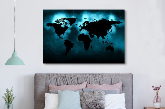 Peintures Toile Wereldkaart - Zwart - Blauw - 150x100 cm - Décoration murale