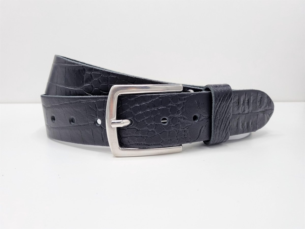 Lederen riem 4 cm breed - Zilver gesp - Leren Broekriem - Jeans breedte - 105 cm leer Croco print - kleur Zwart