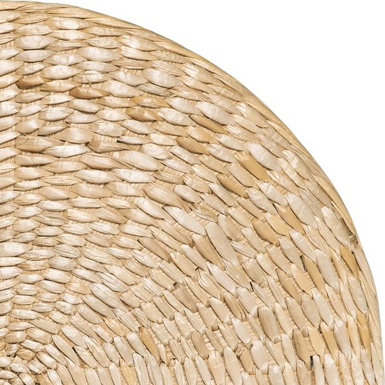 Gedetailleerde close-up van de vlechtstructuur van een naturelkleurige ronde mat.