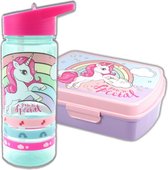 Unicorn broodtrommel + PET drinkfles lichtblauw | Eenhoorn Lunchbox set voor meisjes LS22