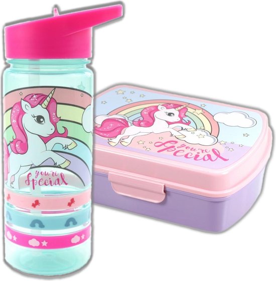 Unicorn broodtrommel + PET drinkfles lichtblauw | Eenhoorn Lunchbox set  voor meisjes LS22 | bol.com