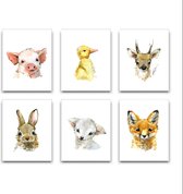 Schilderij  Set 6 Aquarel Eend Vos Konijn lammetje Big Hert Boerderij - Kinderkamer - Dieren Schilderij - Babykamer / Kinder Schilderij - Babyshower Cadeau - Muurdecoratie - 40x30cm - FramedCity