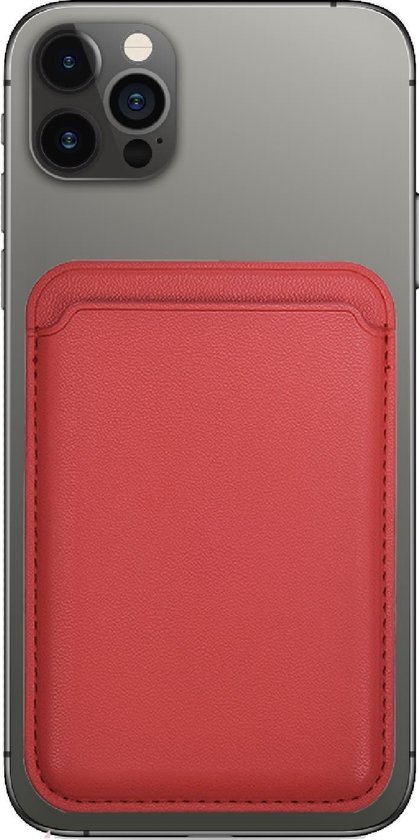 Un porte-cartes magnétique rouge en PU-cuir au dos d'un iPhone 13 Pro.