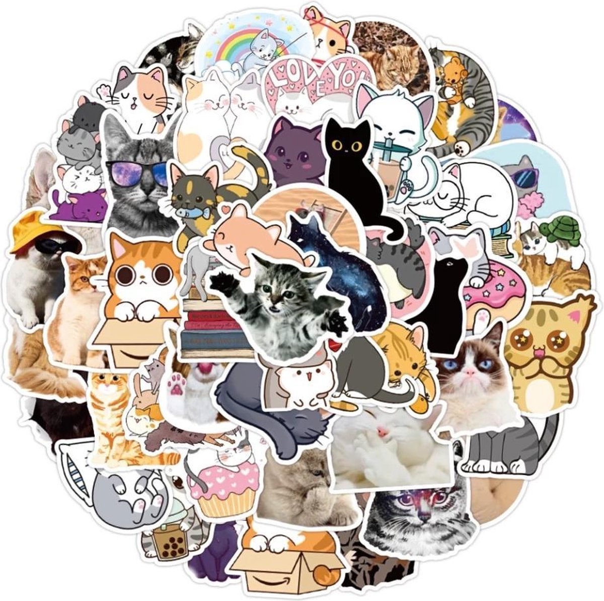 100 stuks Poezen Stickers - Cartoon en Foto - Voor op de fiets, beker, laptop, schoolspullen, kamer, etc - School - Kinderen - Stickers - Plakken - Stikker - Cats - Katten - Schattig - Meisjes - Bundel - Set - 100 - Sticker mix