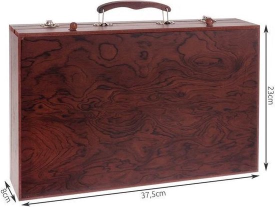 Gesloten houten kunstkoffer met afmetingen 37,5cm x 23cm x 8cm.