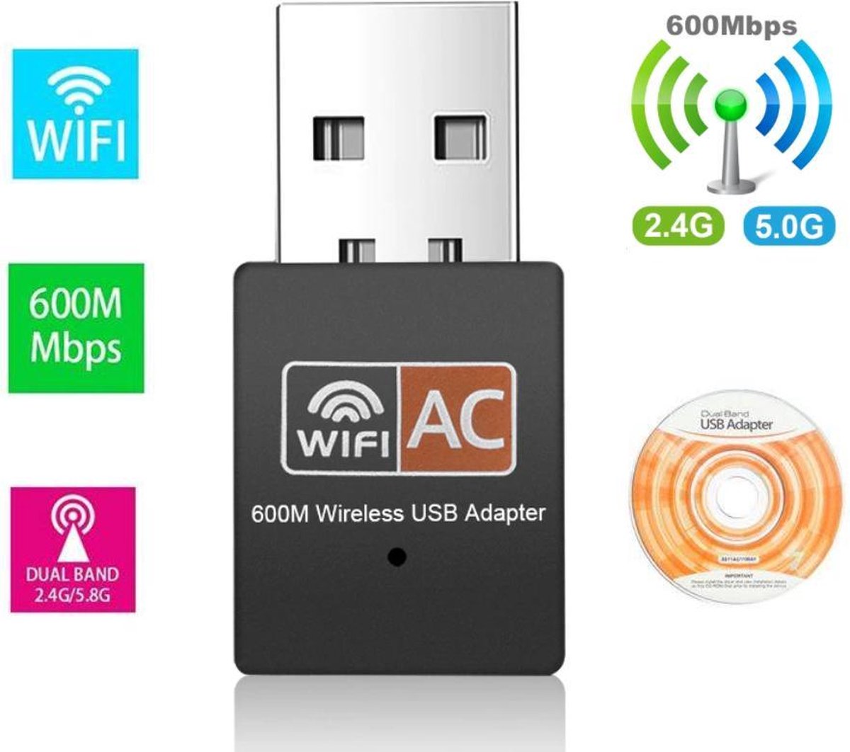 600Mbps USB Wifi Adapter - 2.4Ghz & 5Ghz - Plug & Play