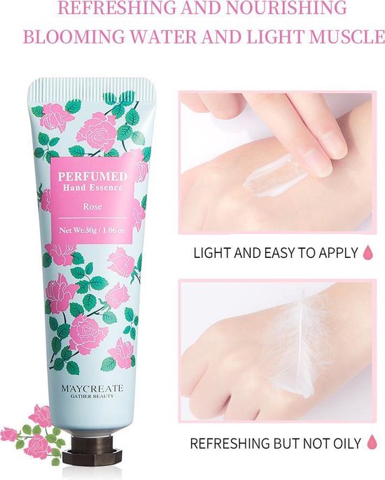 Een tube handcrème met rozenprint, met weergave van crème die op de hand wordt aangebracht.