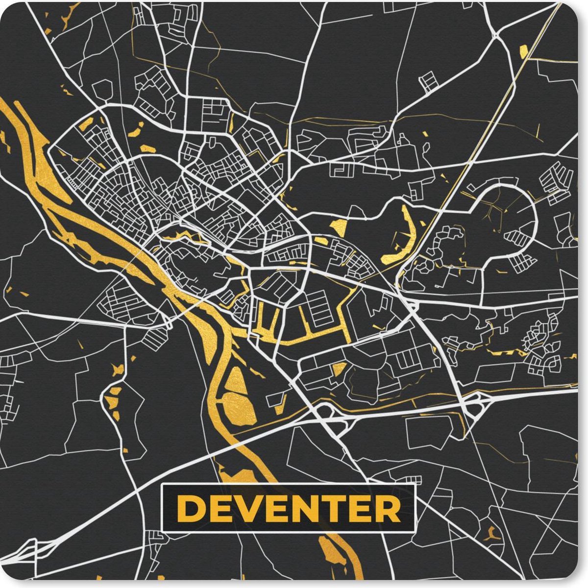 Muismat 30x30 cm - Mousepad Kaart - Deventer - Goud - Zwart - Muismatten