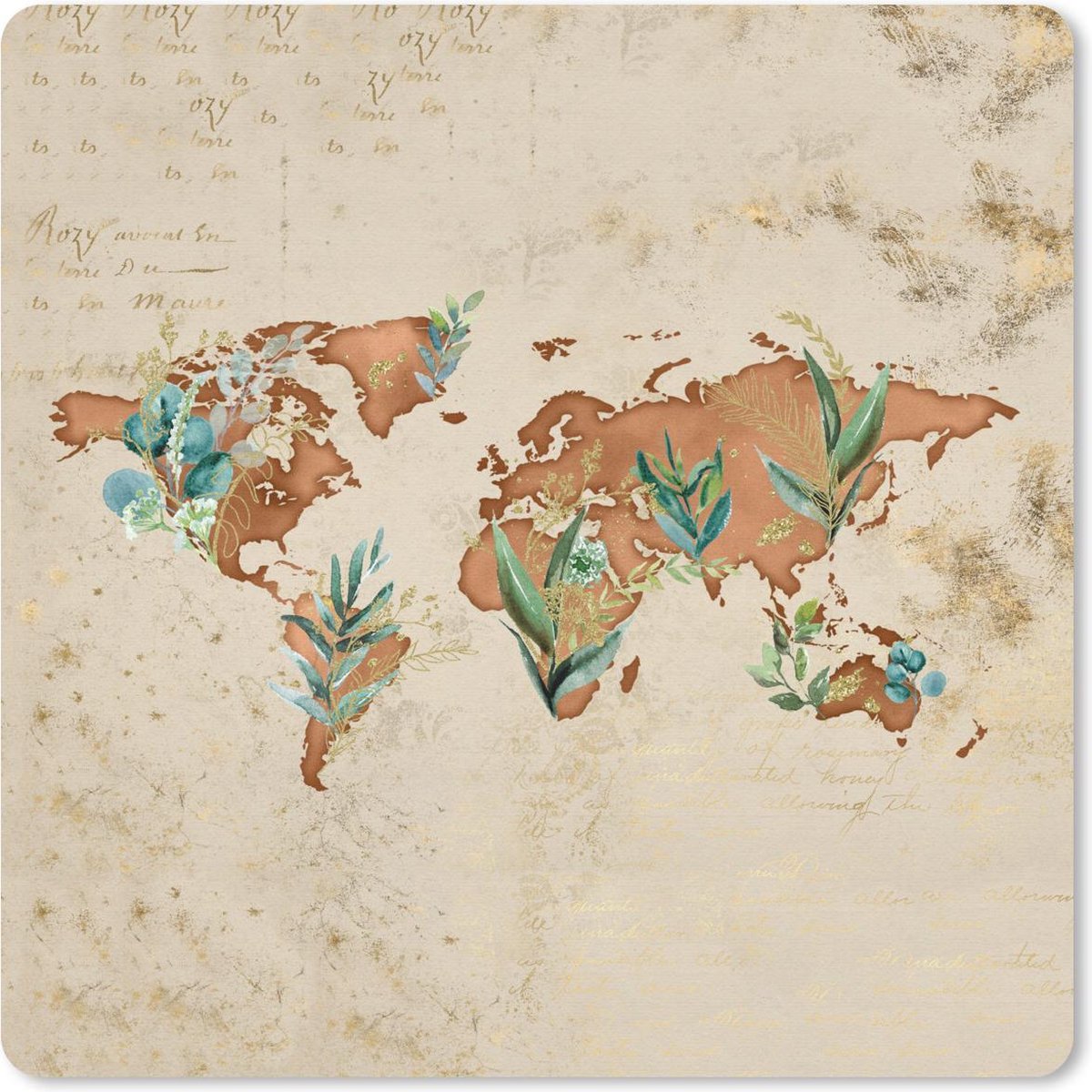 Muismat 30x30 cm - Mousepad Wereldkaart - Retro - Planten - Muismatten