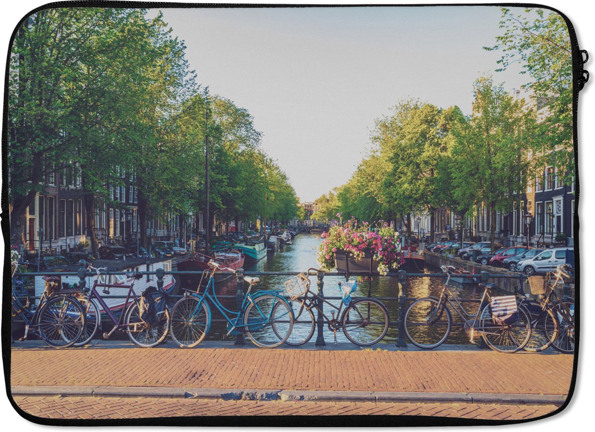 Laptophoes 13 inch - Amsterdam - Brug - Fiets - Laptop sleeve - Binnenmaat 32x22,5 cm - Zwarte achterkant