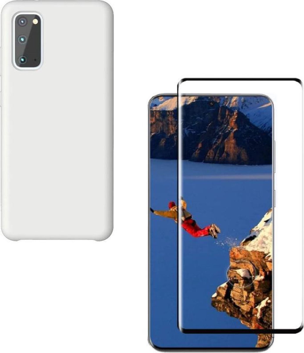 Solid hoesje Geschikt voor: Samsung Galaxy S20 Ultra Soft Touch Liquid Silicone Flexible TPU Rubber - Wit + 1X Screenprotector Tempered Glass