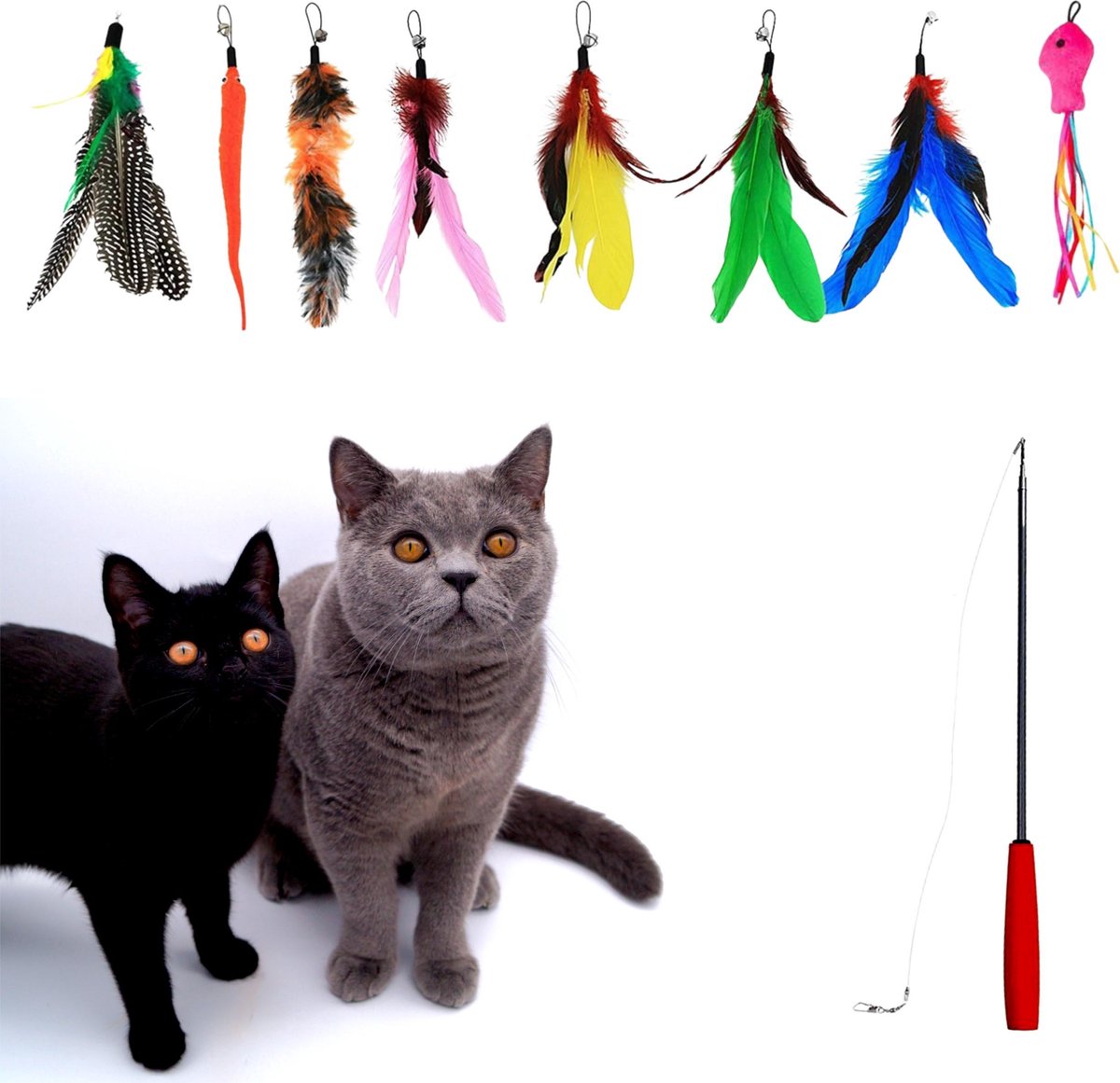 Make Me Purr Kattenhengel met 8 Hangers - Speelgoed Hengel voor Katten - Kat Speelhengel met Veren - Kitten Kattenplager met Veer - Kattenspeelgoed - Kattenspeeltjes - Make Me Purr