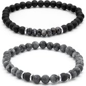 Victorious Set Natuurstenen Kralen Armbanden Heren – Grijs/Zwart – 17.5cm