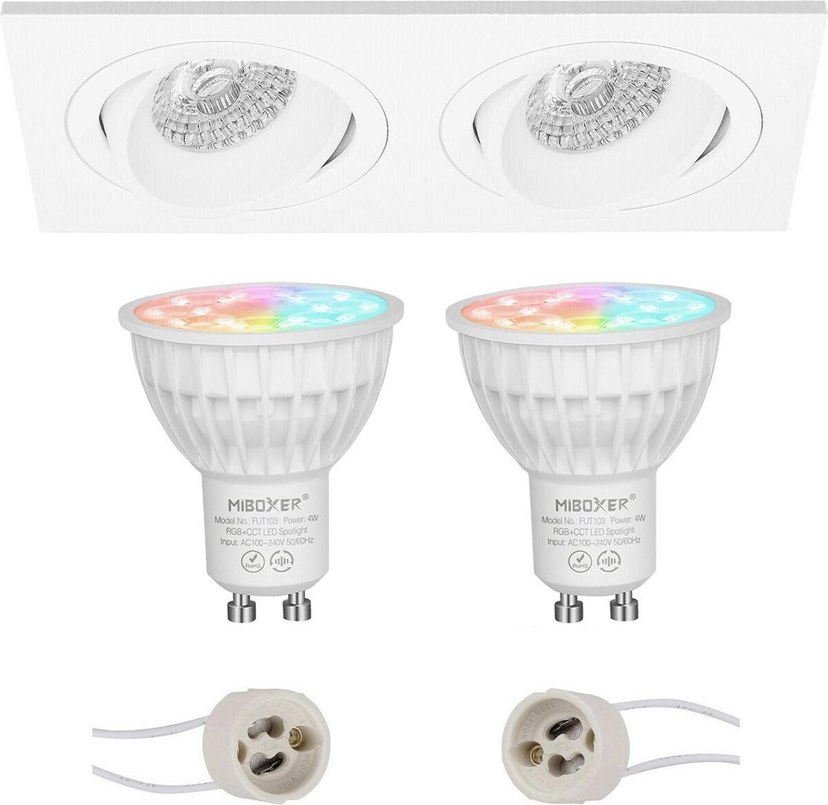 Mi-Light MiBoxer - LED Spot Set GU10 - Smart LED - Wifi LED - Slimme LED - 4W - RGB+CCT - Aanpasbare Kleur - Dimbaar - Proma Borny Pro - Inbouw Rechthoek Dubbel - Mat Wit - Kantelbaar - 175x92mm