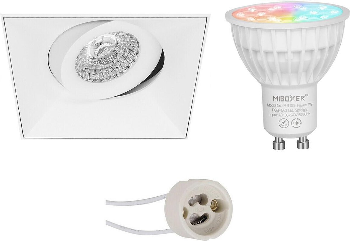 Mi-Light MiBoxer - LED Spot Set GU10 - Smart LED - Wifi LED - Slimme LED - 4W - RGB+CCT - Aanpasbare Kleur - Dimbaar - Proma Nivas Pro - Inbouw Vierkant - Mat Wit - Trimless - Kantelbaar - 150mm