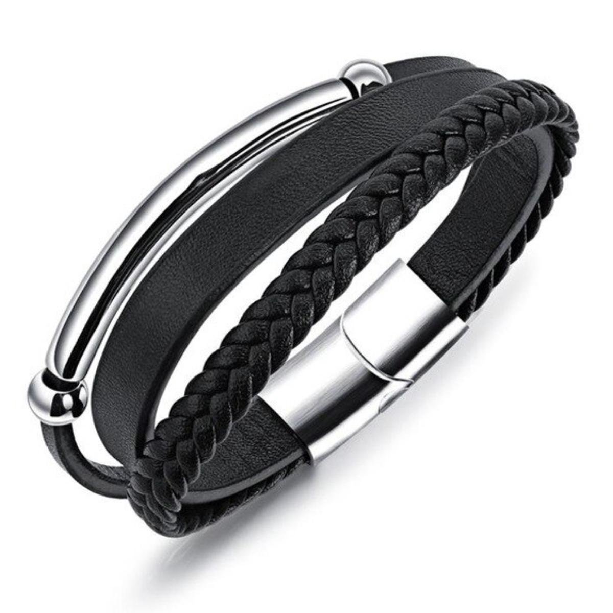 Victorious Leren Armband Heren – RVS Roestvrij Staal Sluiting – Zwart/Zilver – 21.5cm