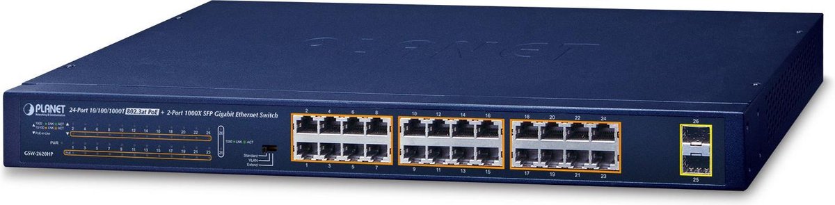 PLANET GSW-2620HP netwerk-switch Unmanaged 10G Ethernet (100/1000/10000) Power over Ethernet (PoE) 1U Blauw
