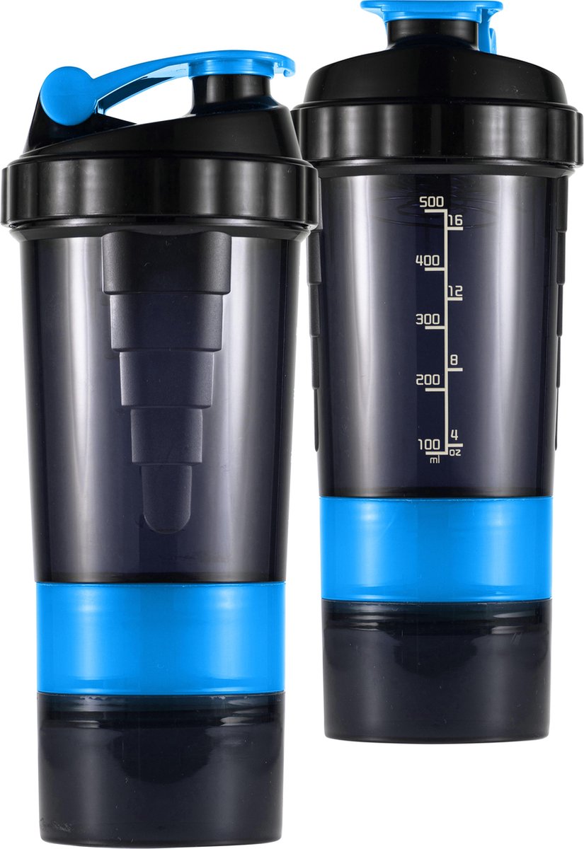 Goedkoopste Pulver | Luxe Shake beker Blauw | 2 compartimenten | 0,75L | Sportschool shakebeker | Fitness drinkfles | Extra vakjes | Shaker
