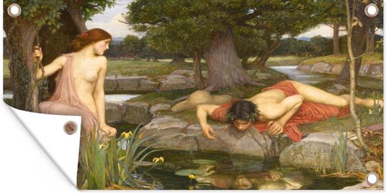 Tuinposter Echo and Narcissus - schilderij van John William Waterhouse - 80x40 cm - Wanddecoratie Buiten - Tuinposter - Tuindoek - Schuttingposter - Tuinschilderij