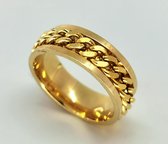 Stoer - RVS - goudkleur ring - maat 21 met los schakel ketting in midden in die je mee kan draaien(ook wel stress ring genoemd). Ring is zowel geschikt voor dame of heer ook mooi als duim ring.