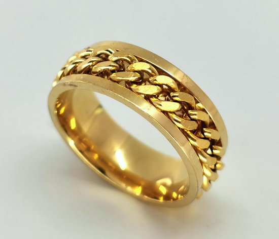 Stoer - RVS -  goudkleur ring maat 19 met los schakel ketting in midden in die je mee kan draaien(ook wel stress ring genoemd). Ring is zowel geschikt voor dame of heer ook mooi als duim ring.