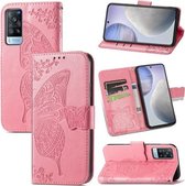 Voor vivo X60 Butterfly Love Flowers reliëf horizontale flip lederen tas met houder & kaartsleuven & portemonnee & lanyard (roze)