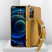 Voor Samsung Galaxy Note20 Ultra gegalvaniseerde TPU krokodillenpatroon lederen tas met polsband (geel)