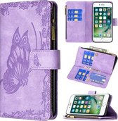 Voor iPhone 8 Plus / 7 Plus Flying Butterfly Embossing Pattern Rits Horizontale Flip lederen tas met houder & kaartsleuven & portemonnee (paars)