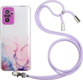 Voor Xiaomi Redmi Note 10 4G hol marmerpatroon TPU schokbestendig beschermhoes met nekriem touw (roze)