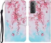 Voor Samsung Galaxy S21 FE Gekleurde Tekening Patroon Horizontale Flip PU Lederen Case met Houder & Kaartsleuven & Portemonnee & Lanyard (Kersenbloesems)