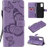 Voor OPPO A74 4G / F19 4G Pressed Printing Butterfly Pattern Horizontale Flip PU lederen tas met houder & kaartsleuven & portemonnee & lanyard (paars)