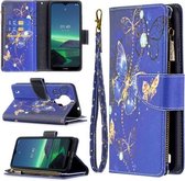 Voor Nokia 1.4 Gekleurde Tekening Patroon Rits Horizontale Flip Leren Case met Houder & Kaartsleuven & Portemonnee (Paarse Vlinder)