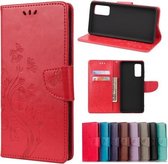 Voor Samsung Galaxy A72 5G / 4G vlinderbloempatroon horizontale flip lederen tas met houder & kaartsleuven en portemonnee (rood)