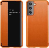 Voor Samsung Galaxy S21 5G magnetisch zijvensterweergave schokbestendig horizontaal flip lederen hoesje (oranje)