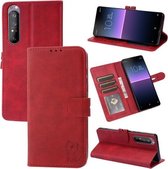 Voor Sony Xperia 5 III Reliëf Happy Cat Patroon Horizontale Flip Lederen Case met Houder & Kaartsleuven & Portemonnee (Rood)