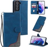 Driekleurige stiksels kalf textuur horizontale flip lederen tas met houder & kaartsleuven & portemonnee voor Samsung Galaxy S21+ 5G (blauw)