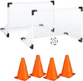 2x stuks voetbal goals/doelen set met 4x stuks oranje pionnen van 22 cm - Met bal en pomp - Voetbalveld voor kinderen