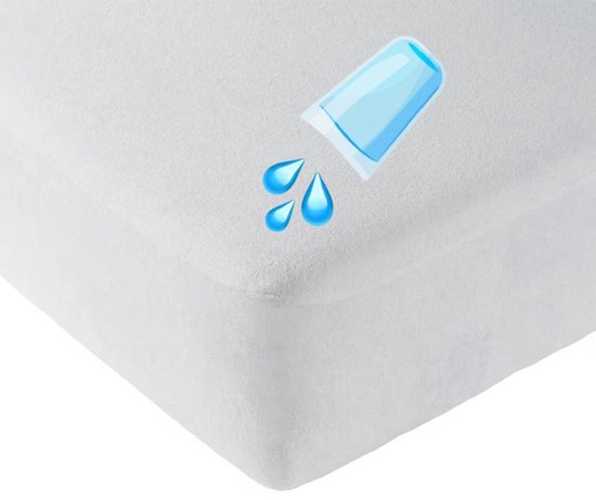 Wit matrasbeschermer met elastiek, met een getekende beker waaruit blauwe waterdruppels vallen.